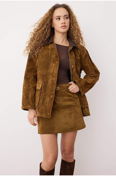 Camel Collar Leather Detailed Suede Look Oversize Denim Jacket