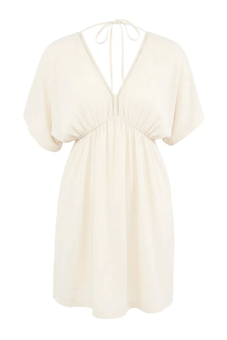Ecru Woven Backless Beach Mini Dress - 3