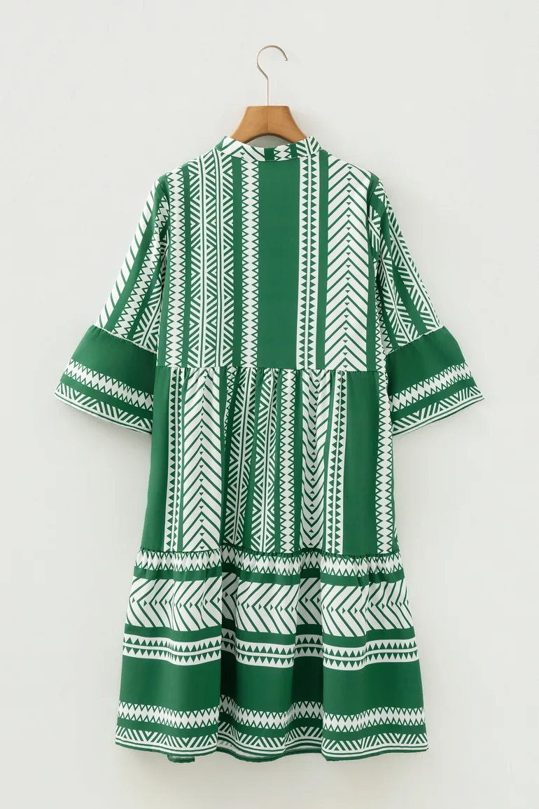 Lvness Green Boho Ethnic Print Half Button 3/4 Sleeve Casual Dress - 4