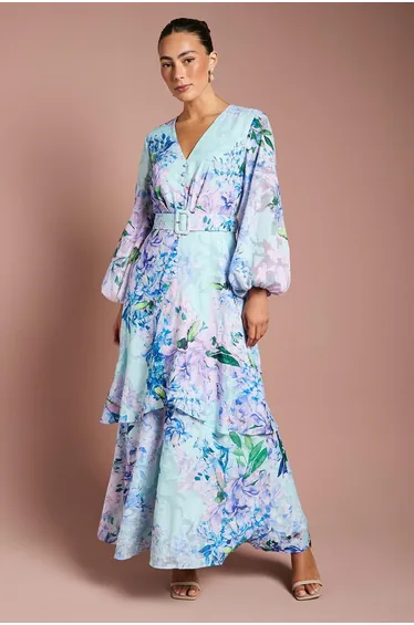 Long Sleeve Chiffon Maxi Dress With Belt