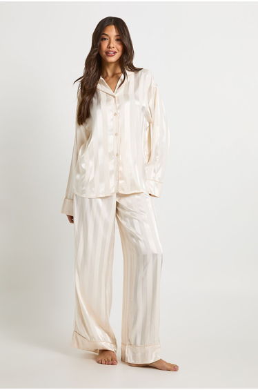 Jacquard Satin Oversized Long Sleeve Shirt & Trouser Pyjama Set - champagne