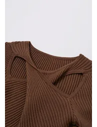 Twist Cutout Neck Ribbed Knit Top in Brown - 5