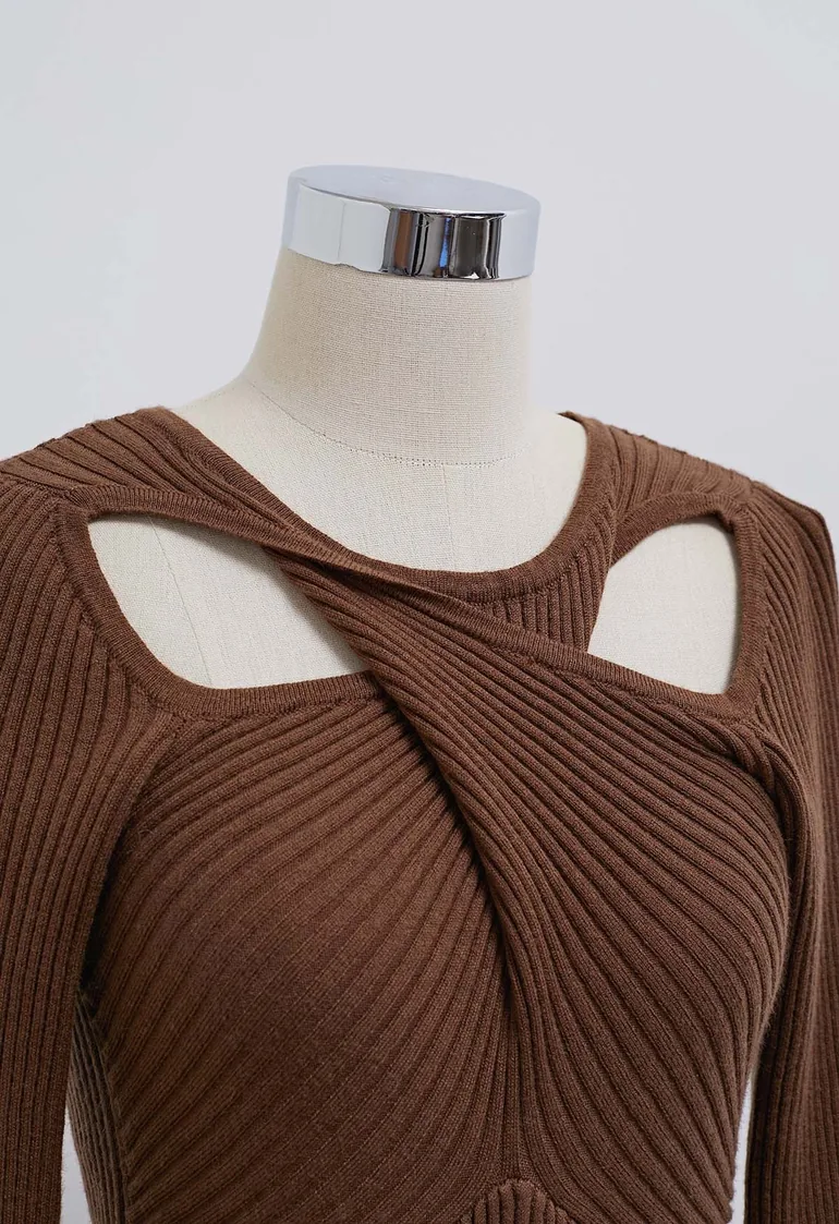 Twist Cutout Neck Ribbed Knit Top in Brown - 4