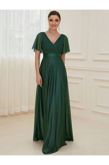 ever LIORÉ|Plus Size V Neck Ribbon Waist Formal Evening Dress With Sleeves
