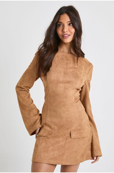 Faux Suede Flare Cuff Shift Dress - camel