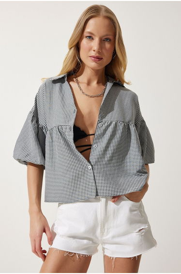 Women's Black Balloon Sleeve Gingham Woven Shirt