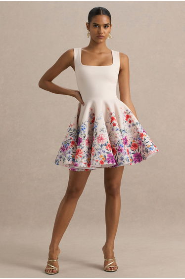 Gemstone | Light Pink Floral Print Square-Neck Skater Mini Dress