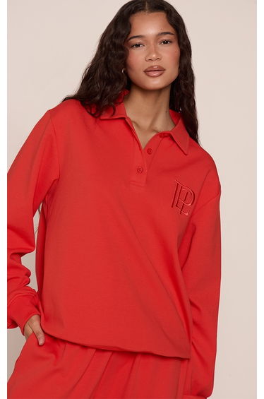 Red Embroidered Interlock Button Polo Sweatshirt