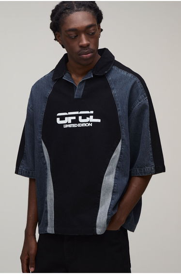 Panelled OFCL Embroidered Denim Football Shirt - washed black