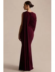 Rubelle | Burgundy Asymmetric-Neck Maxi Dress With Draped-Detailing - 1