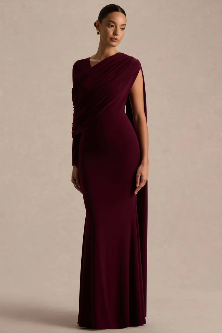 Rubelle | Burgundy Asymmetric-Neck Maxi Dress With Draped-Detailing - 4
