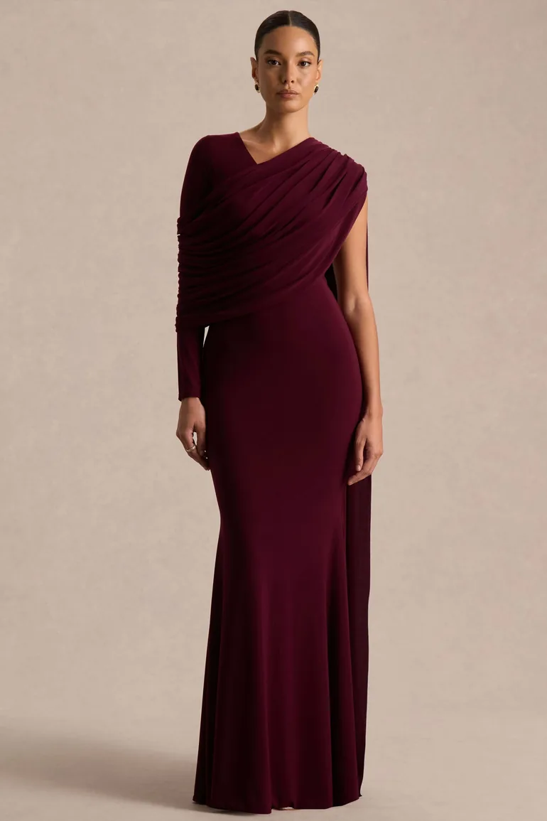 Rubelle | Burgundy Asymmetric-Neck Maxi Dress With Draped-Detailing