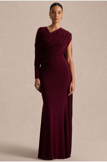 Rubelle | Burgundy Asymmetric-Neck Maxi Dress With Draped-Detailing