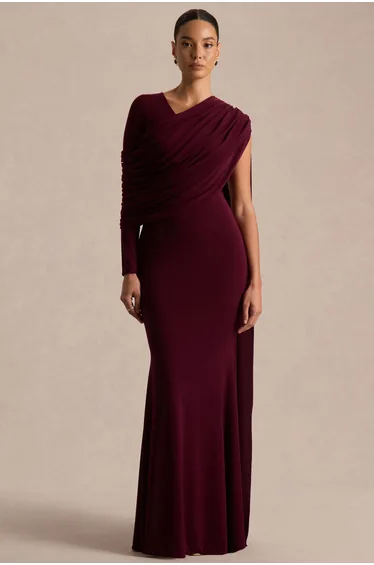 فستان ماكسي بثنيات بياقة غير متناظرة - أحمر