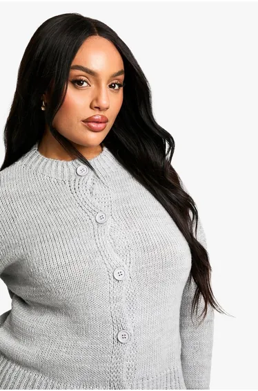 كارديغان بياقة دائرية بأزرار - للمقاسات الكبيرة