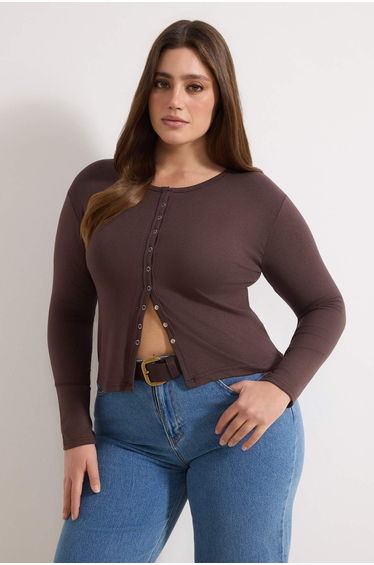 Brown Snap Crop Boy Basic Knitted Plus Size Blouse
