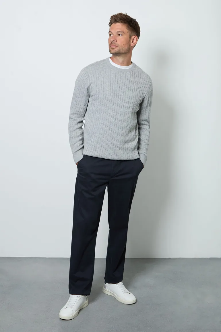 Light Grey Premium Pure Cotton Cable Crew Neck Jumper