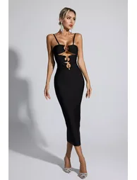 Liana Black Hollow Out Bandage Midi Dress - 5
