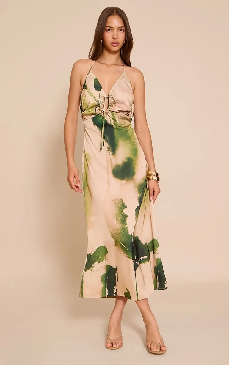 tie front silk dress Green Floral Satin Tie Front Maxi Dress Prettylittlething Multicolour :  Evening Dresses : VogaCloset Oman