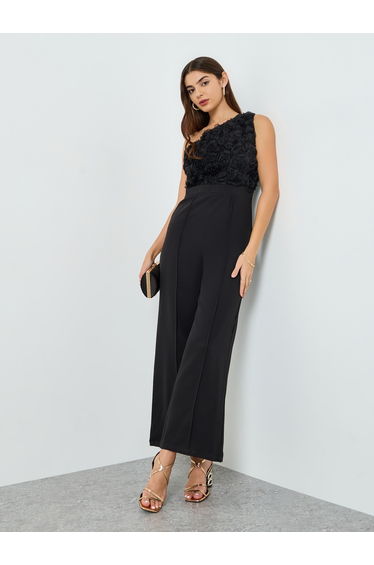 Women Black One-Shoulder Wide Leg Jumpsuit