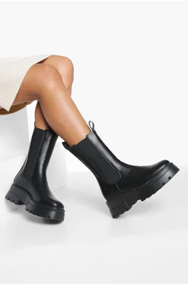 Wide Fit Cleated Sole Calf High Chelsea Boots - black