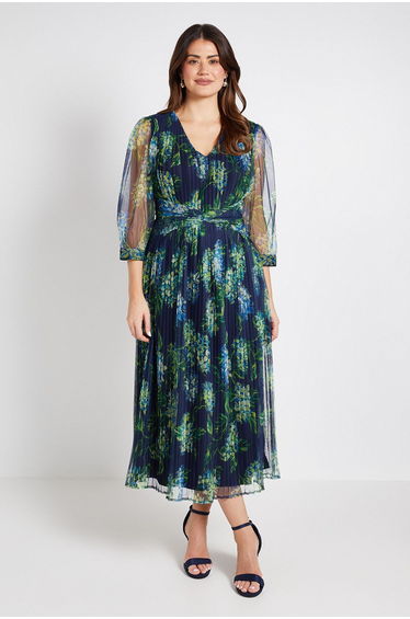 Mesh Pleated Twist Waist Midi Dress