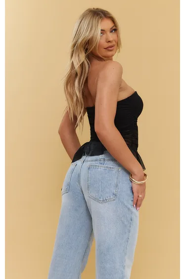 بلوزة ميش طويلة بأكتاف مكشوفة بكشكش بطبعة أزهار