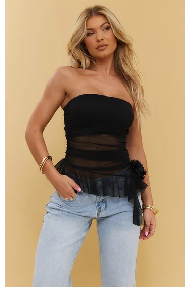 بلوزة ميش طويلة بأكتاف مكشوفة بكشكش بطبعة أزهار