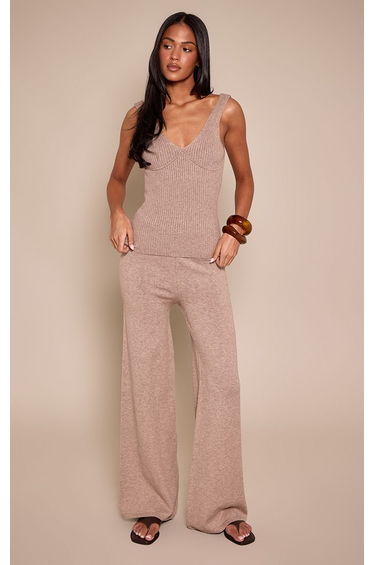 Tall Taupe Knitted Longline Ribbed Tank Top