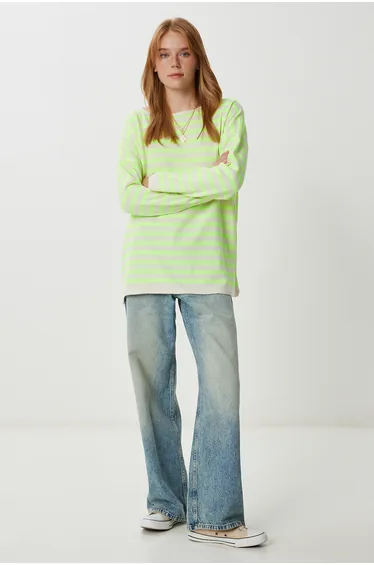 Women's Yellow Cream Striped Oversize Knitwear Sweater