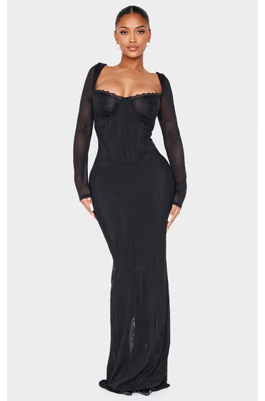 Shape Black Mesh Lace Insert Corseted Maxi Dress