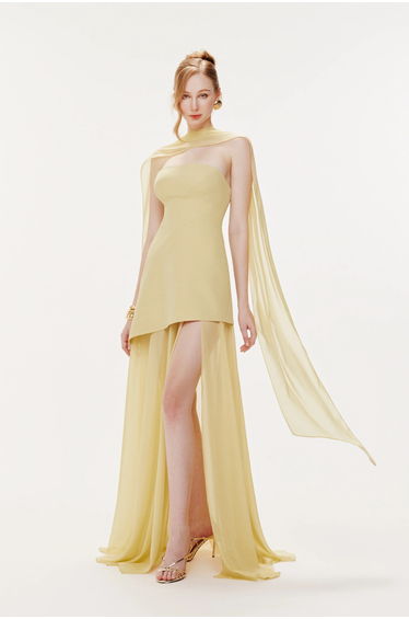 Marlis Yellow Strapless Layered Train Dress