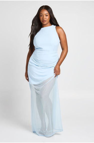 Plus Sheer Panel Draped Maxi Skirt - baby blue