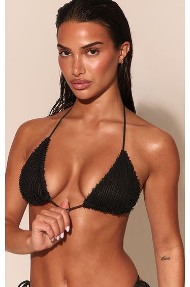 Black Textured Swim Triangle Bikini Top