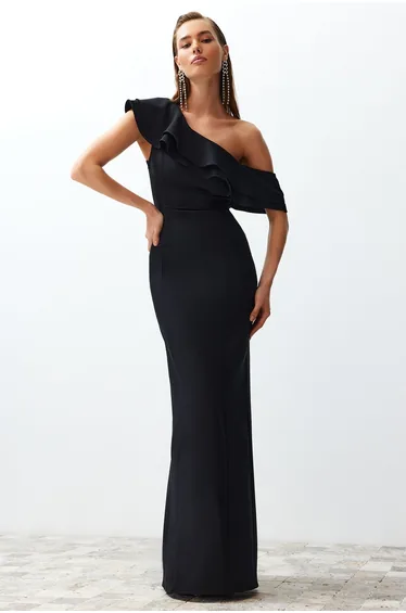Black One Shoulder Column Evening Dress