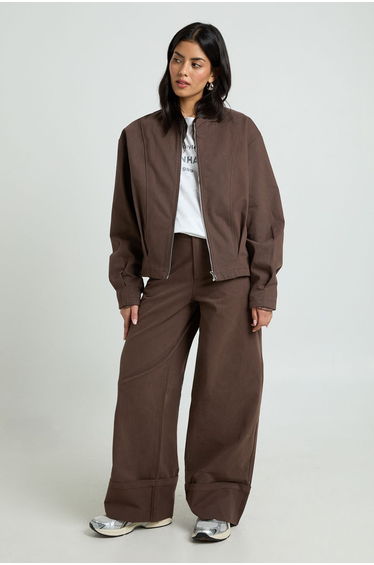 Turn Up Hem Twill Wide Leg Trousers - chocolate