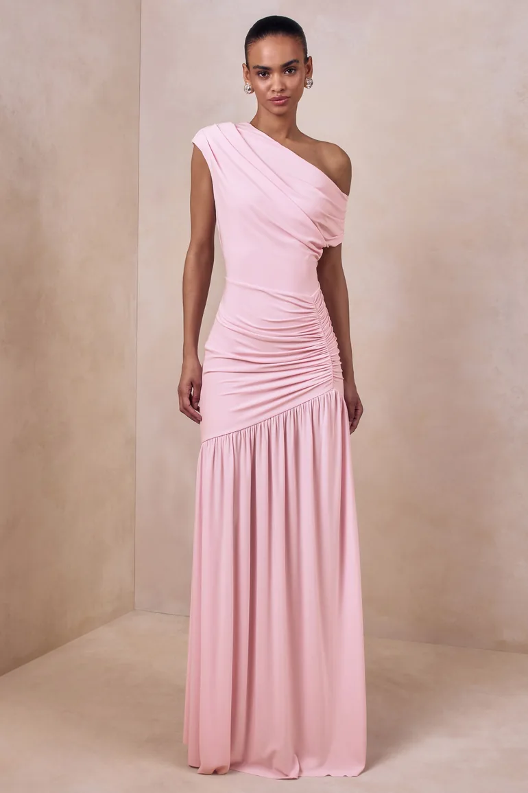 Kady | Pink Asymmetric-Neck Maxi Dress With Ruched Detailing