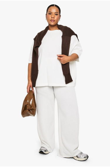 PLUS KNITTED WIDE LEG TROUSERS - ecru