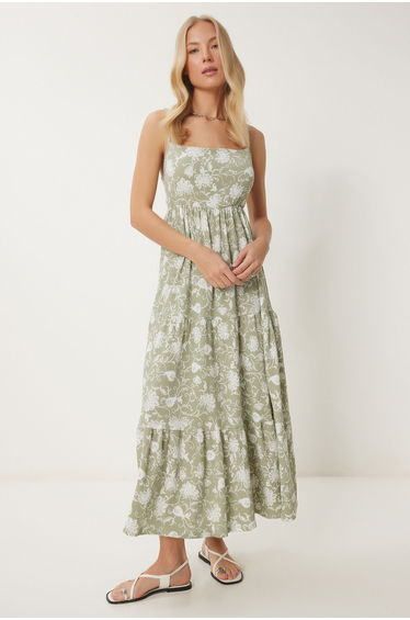 Women's Green Almond Backless Summer Crinkle Knit Dress