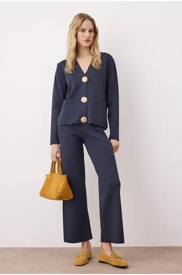 Navy Blue V-Neck Button Detailed Cardigan-Pants Knitwear Bottom-Top Set