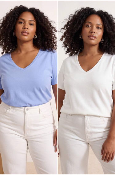 Ecru-Blue 2-Pack Basic V-Neck 100% Cotton Knitted Large Size T-Shirt