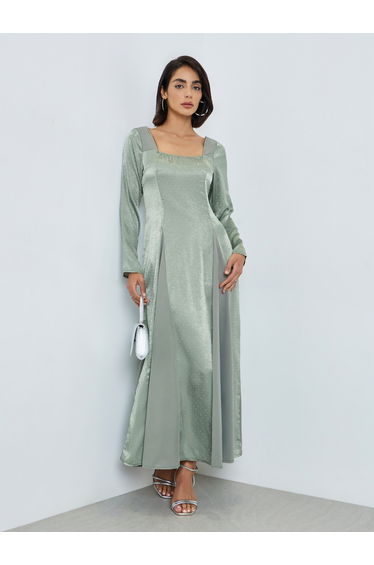 Green Dot Print Square Neck Maxi Dress