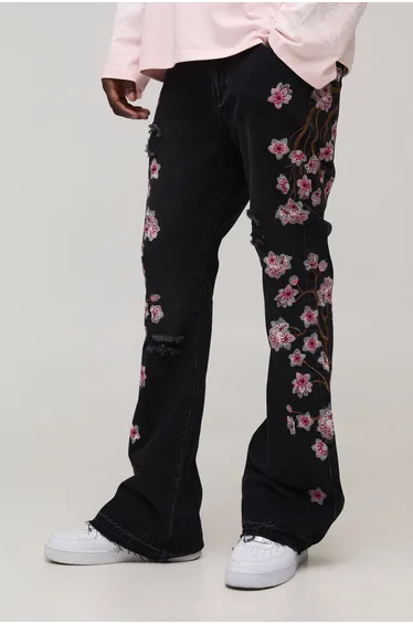 Floral Embroidered Distressed Let Down Hem Flared Jeans - washed black