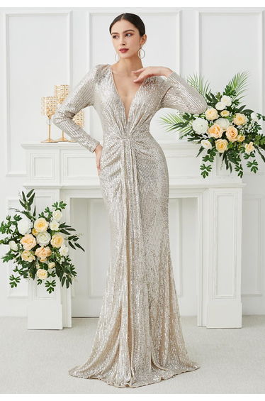 Silver Sequin Deep V-Neck Cutout Mermaid Gown