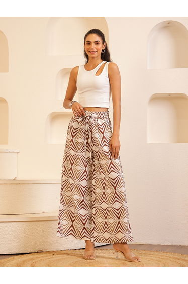 Women White Printed Drawstring Waist Wide Leg Pants