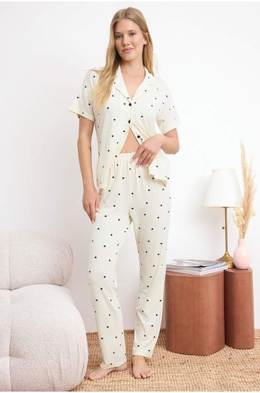 Ecru Polyester Blended Heart Not Available Single Jersey Knitted Pajama Set