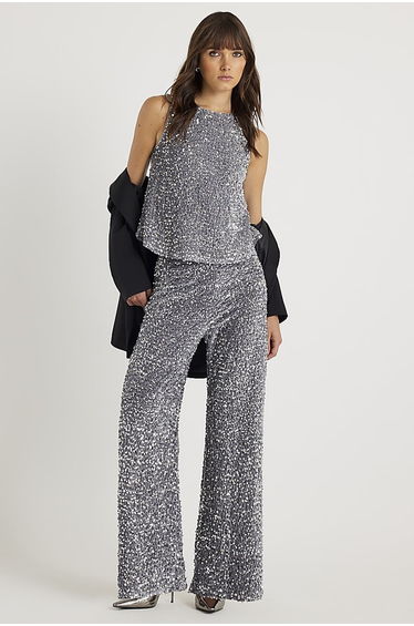 Silver Velvet Sequin Sleeveless Bow Back Top