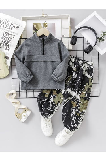 Boys Gray Half-Zip Sweatshirt and Camo Pants Set