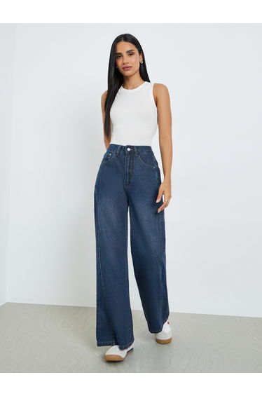High Rise Cut and Sew Wide Leg Jeans