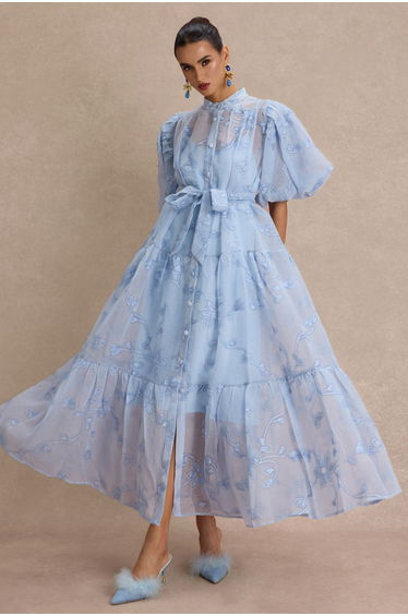 Embroidered Puff Sleeve Single Breasted Maxi Dress
